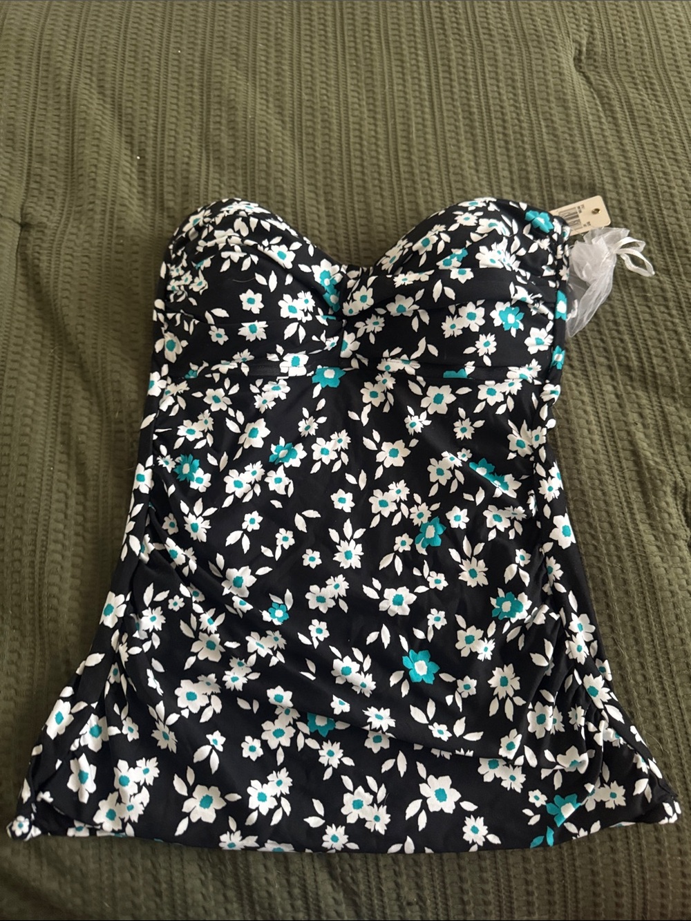 Anne Cole Black Floral Strapless Tankini Top Only with White and Teal Flowers